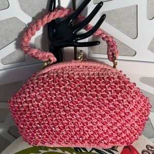 Vintage Pink Raffia and Beaded Top-Handle Purse